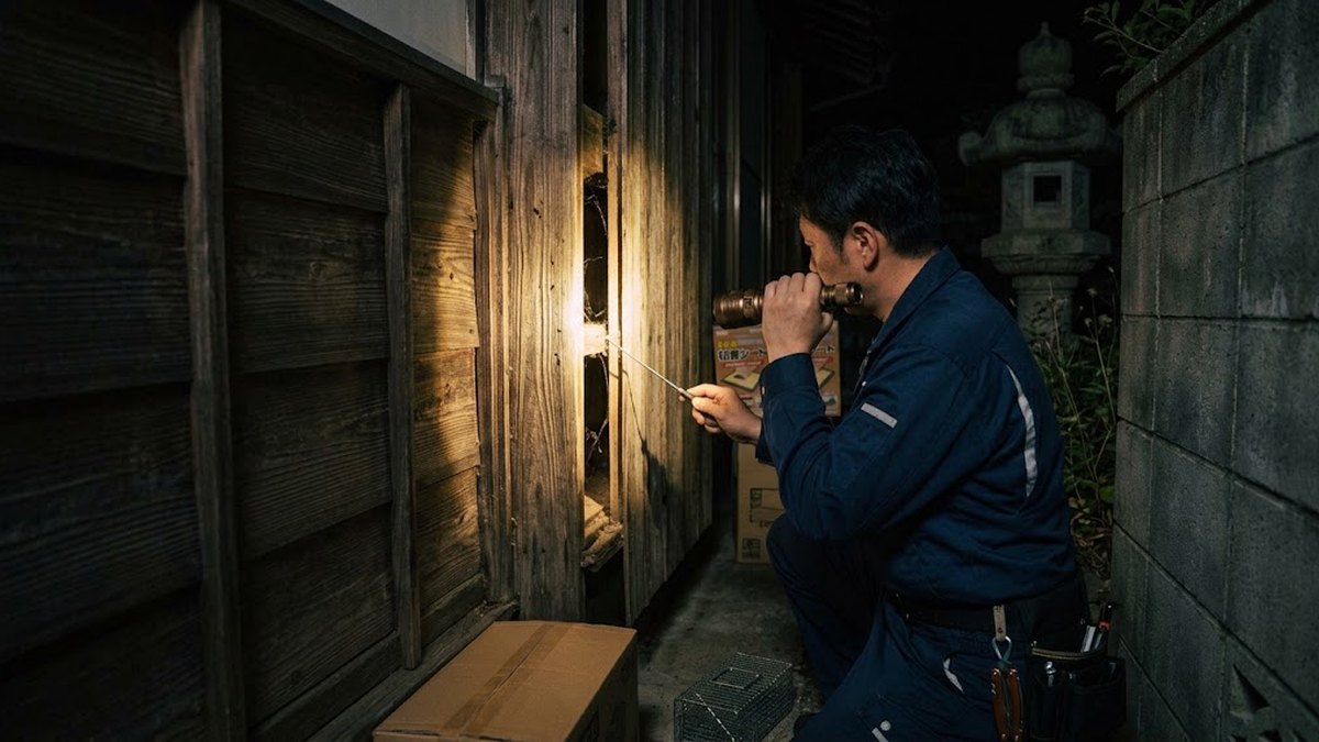 懐中電灯で住宅の壁際の隙間を点検する作業服の男性