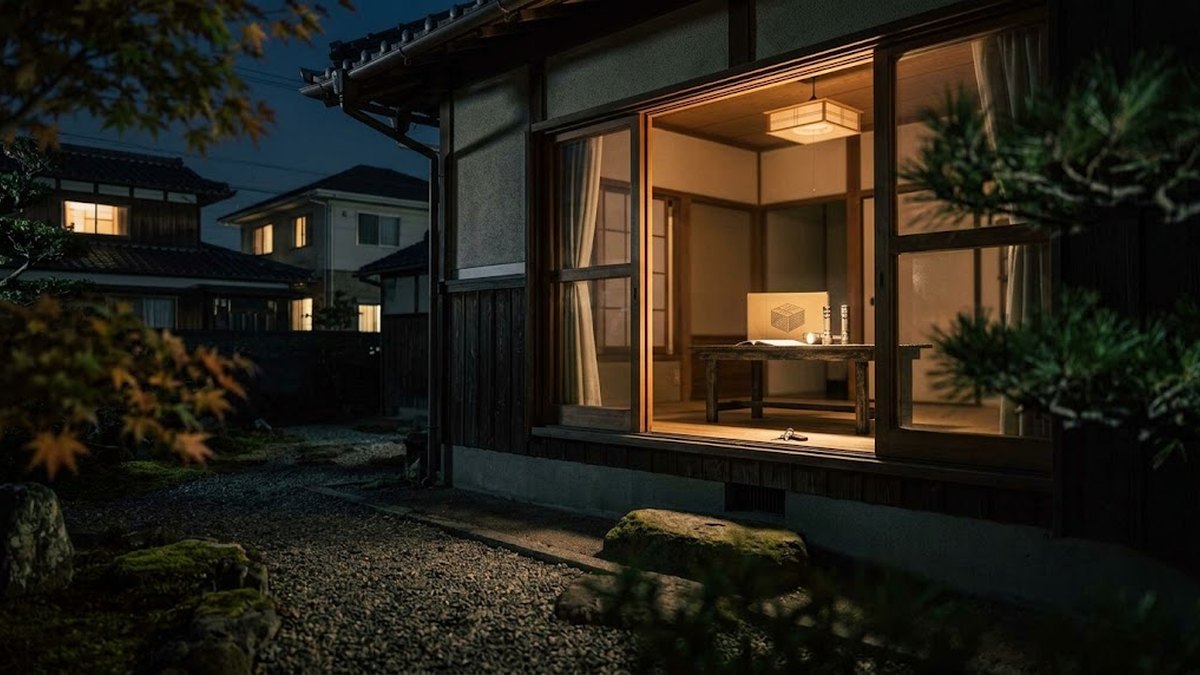 明かりのついた日本の住宅の夜景