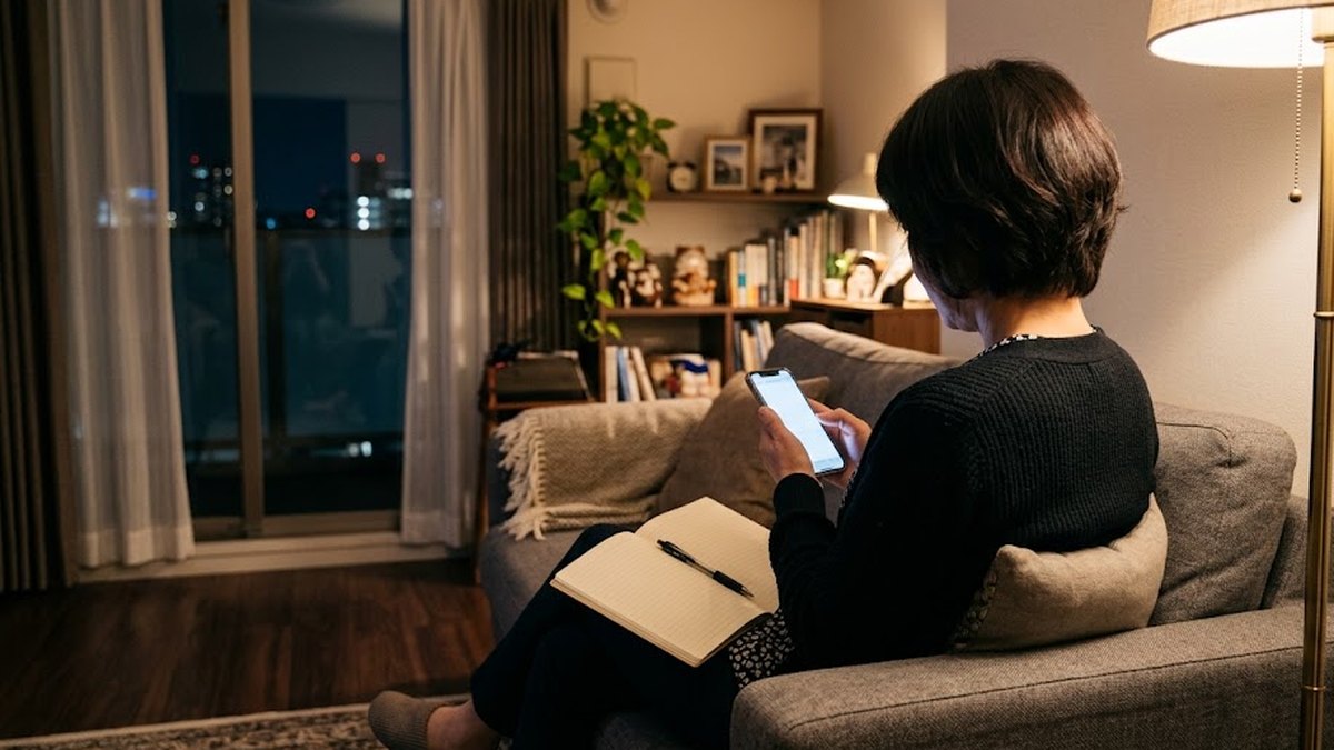 夜のリビングでソファに座り、スマートフォンでセコムの見守りサービスの口コミ・評判を調べる50代女性の後ろ姿
