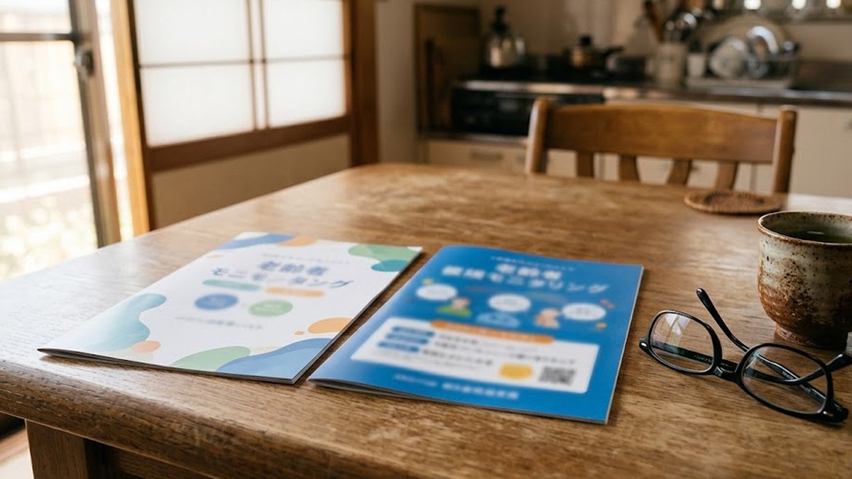 ダイニングテーブルに並べた2社分の見守りサービスのパンフレットと老眼鏡（セコムとアルソックの高齢者見守りを比べる場面）