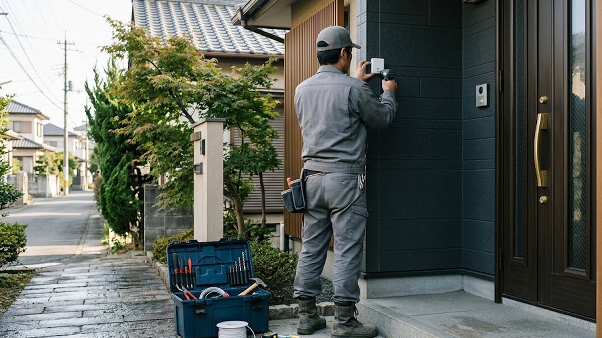 一戸建ての玄関先で作業員が壁に小さな白いセンサー機器を取り付けている後ろ姿（セコム見守りサービスの設置工事のイメージ）