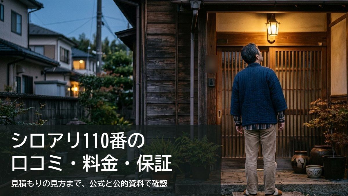 玄関灯を見上げる男性の後ろ姿（シロアリ110番の口コミと料金を調べた記事のアイキャッチ）