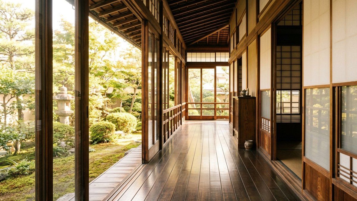 朝日が差す縁側の床板