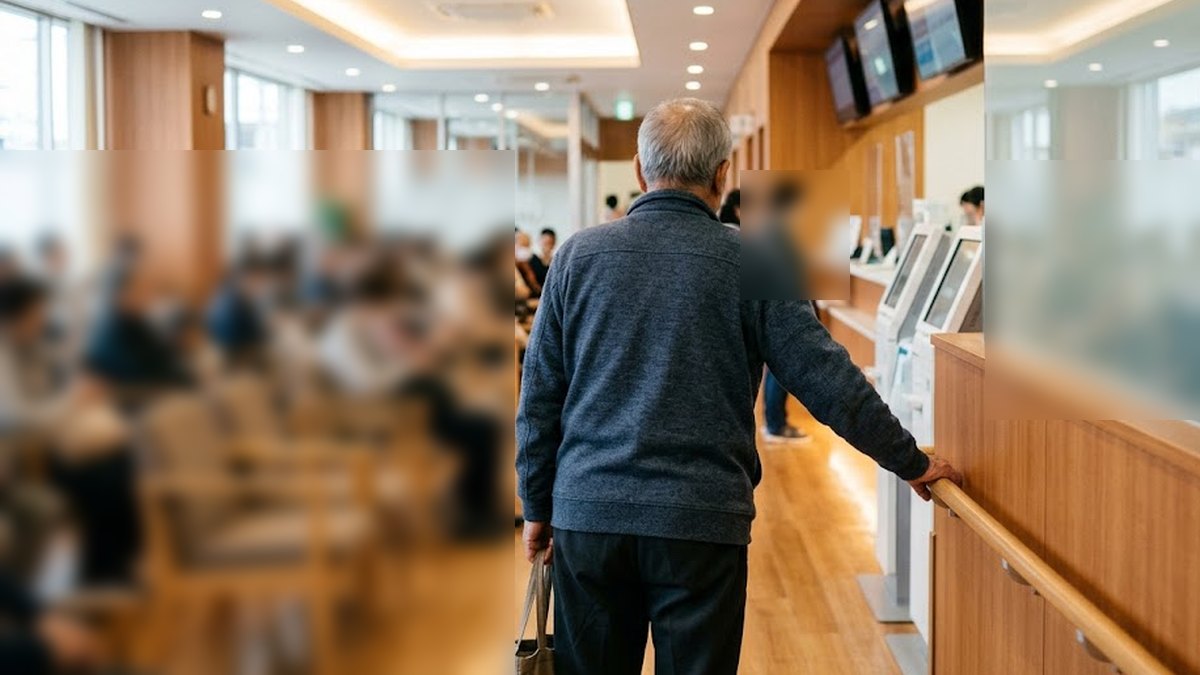 椅子が埋まった病院の受付で、手すりにつかまって立って待つ高齢の男性の後ろ姿