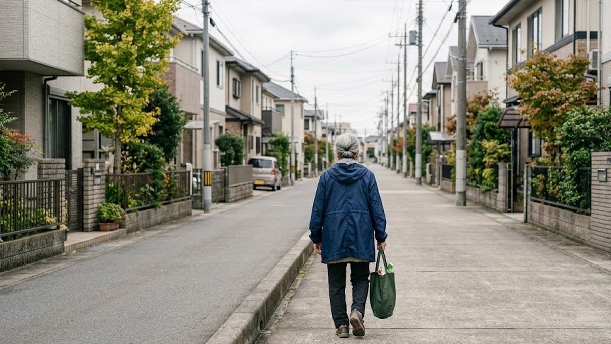 ベンチのない長い歩道を、買い物袋を持ってゆっくり歩く高齢の女性の後ろ姿