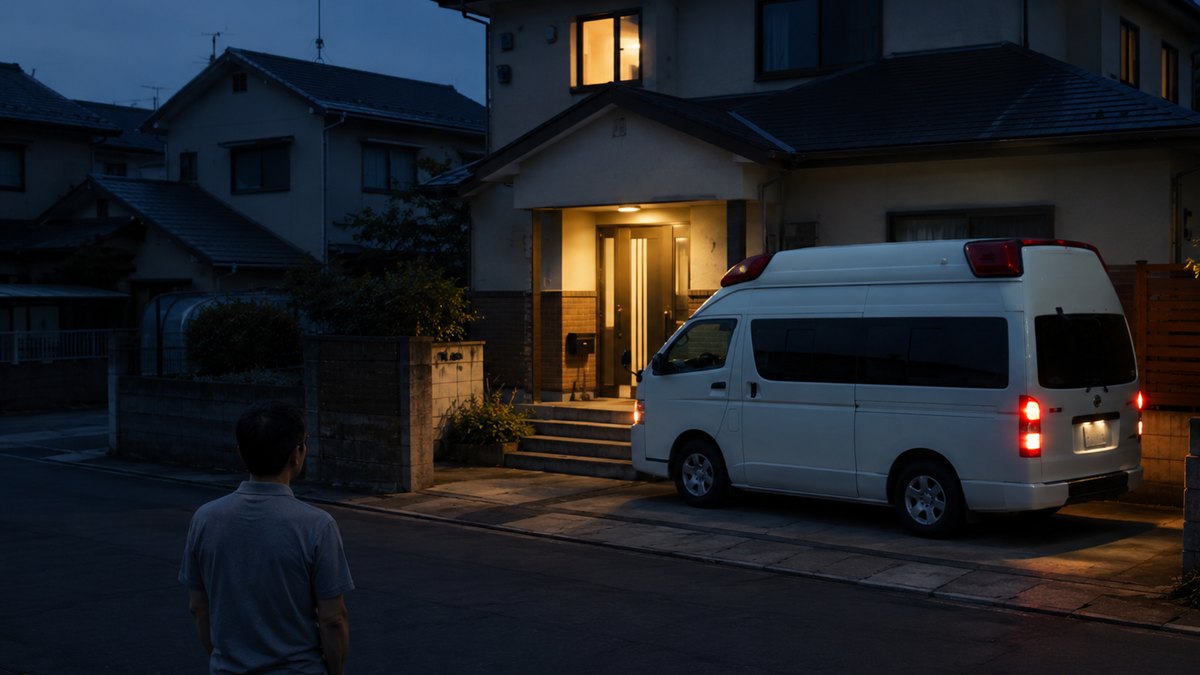 夕方の住宅街の一軒家の前に停まる救急車と、見守る家族の後ろ姿