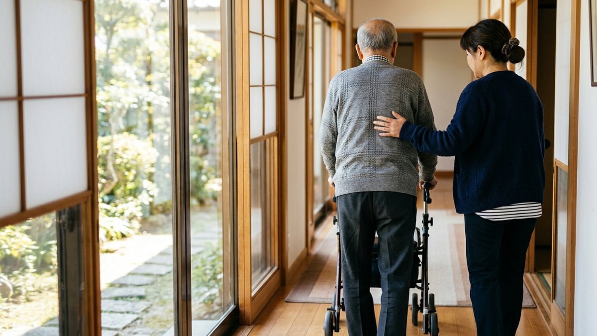 住宅の廊下で歩行器を使って歩く高齢男性の後ろ姿と、横で支える家族