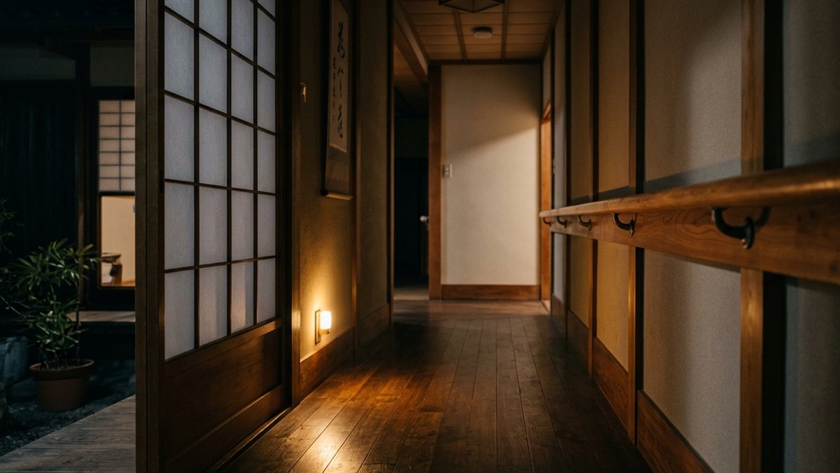 夜の住宅の廊下に取り付けた木製の手すりと、足元を照らすセンサーライト