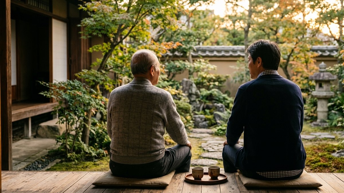 夕方の縁側に並んで座り、庭を眺める高齢の父と50代の息子の後ろ姿