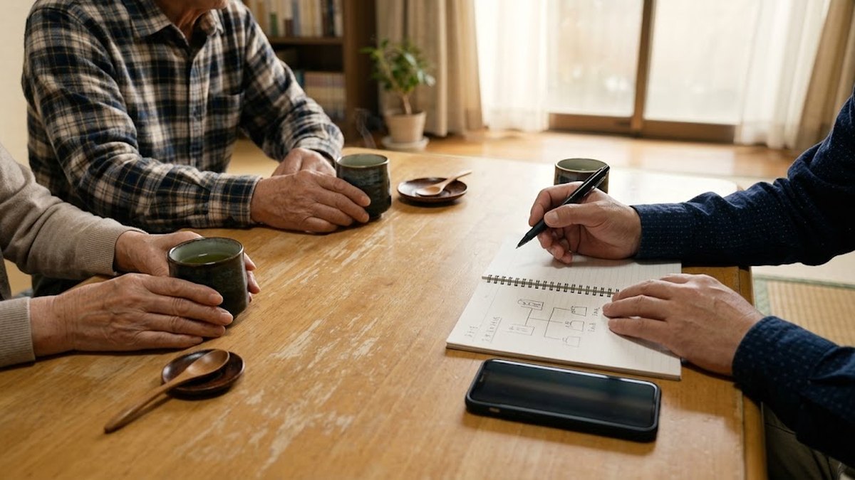 居間のテーブルで、ノートに図を書いて高齢の両親に説明する手元