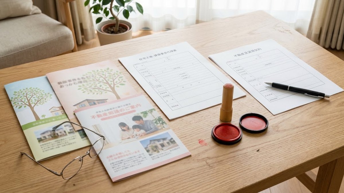 机の上に並んだ申込書やパンフレットと、印鑑と朱肉、老眼鏡