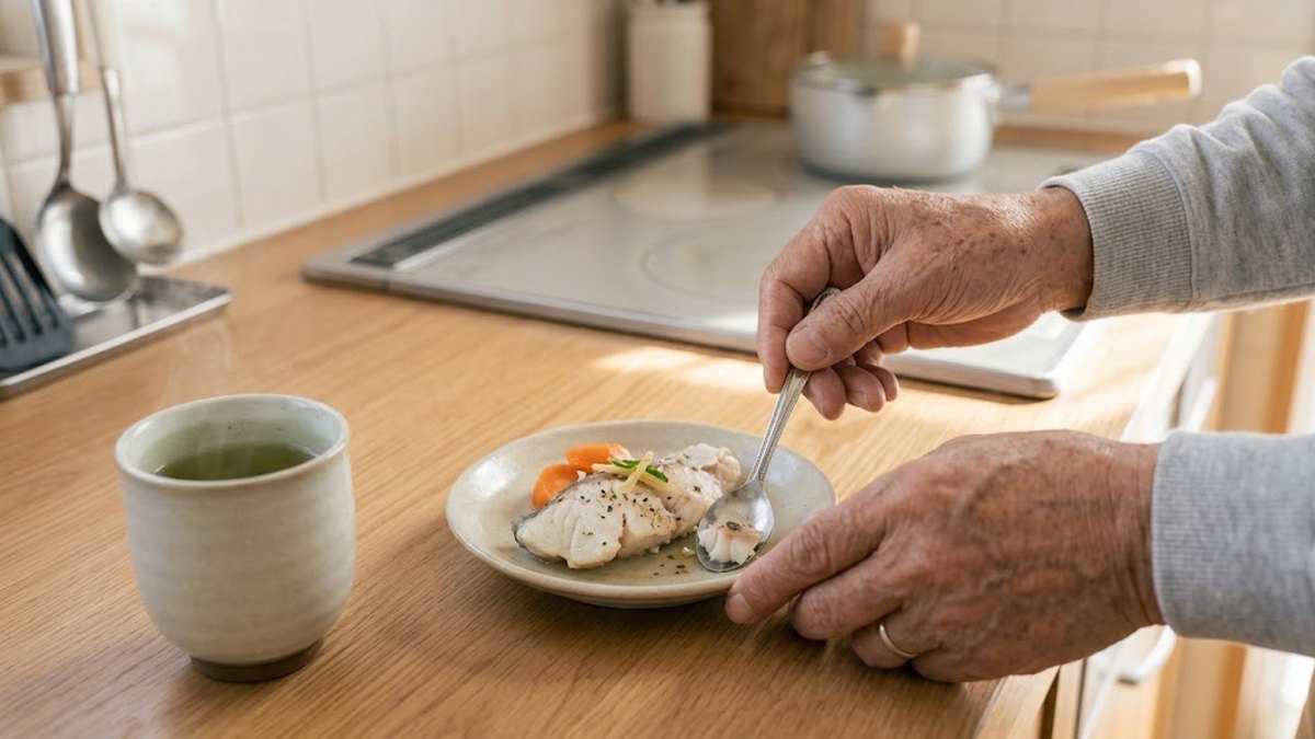 やわらかく煮た魚を小皿に盛る高齢男性の手元