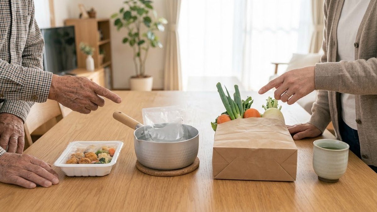 冷凍おかず・鍋・食材を並べて見比べる夫婦の手元