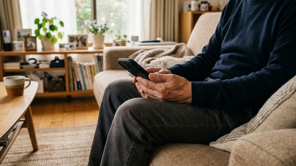 ソファでスマートフォンの口コミを読む中年男性の手元
