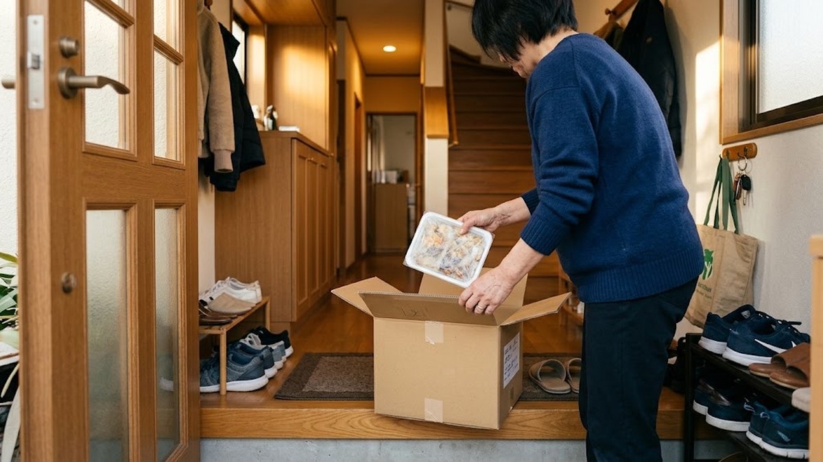 玄関で宅配便の箱から冷凍おかずの容器を取り出す手元