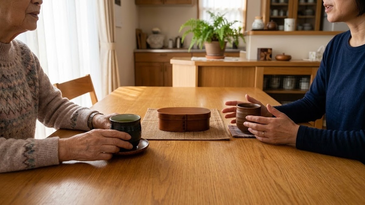 食卓で湯のみを前に話し合う高齢女性と中年女性の手元