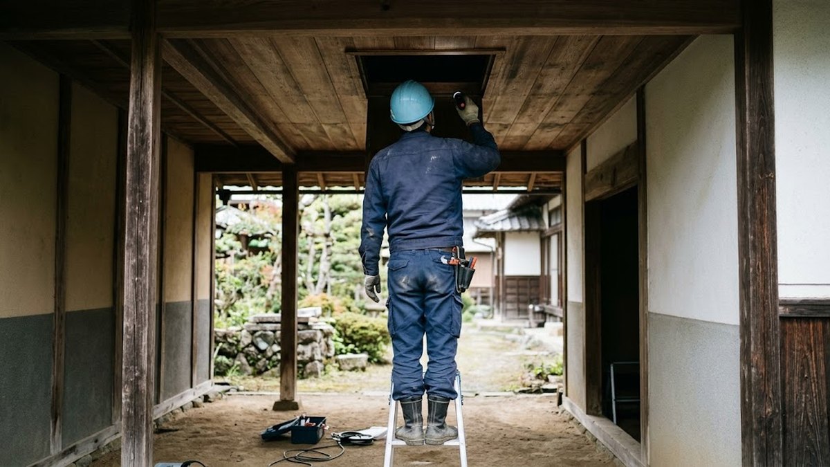 住宅の天井点検口を見上げる作業員の後ろ姿（駆除ザウルスの自社施工のイメージ）