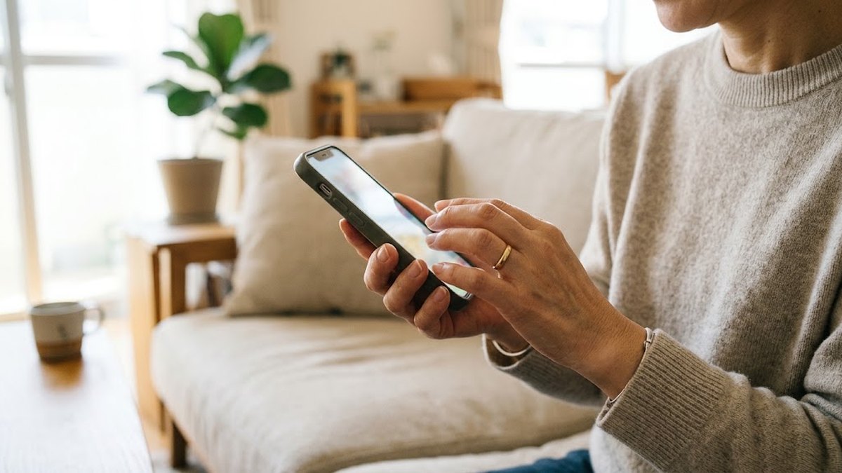 リビングでスマートフォンの口コミを読む女性の手元（駆除ザウルスの評判を調べる場面）