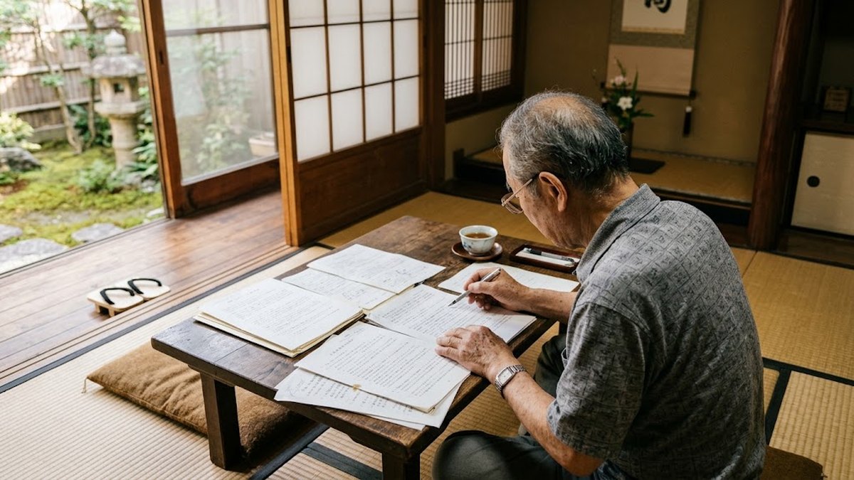 座卓に書類を広げて読む高齢男性（駆除ザウルスの再発保証の条件を確かめる場面）