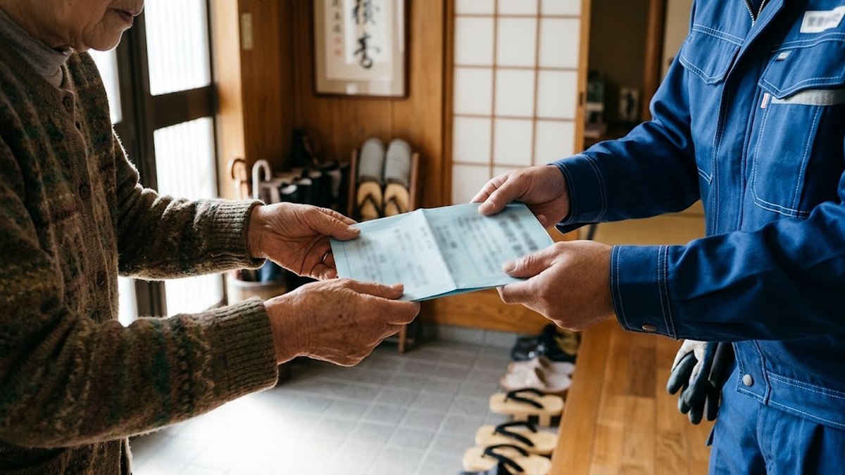 玄関先で書類を受け取る高齢女性の手元（害獣駆除の高額請求を避けるために見積もりを確かめる場面）