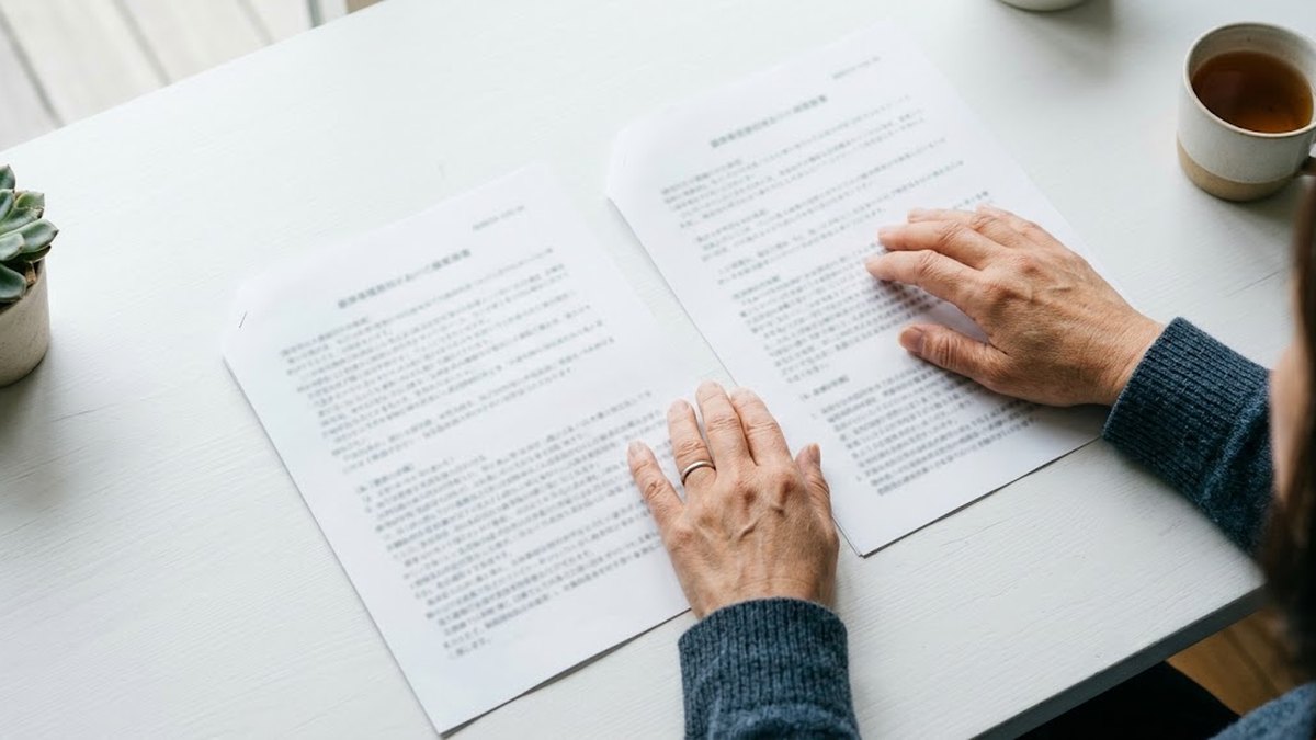 テーブルに並べた2枚の書類を見比べる手元（駆除ザウルスと他社の見積もりを比べる場面）